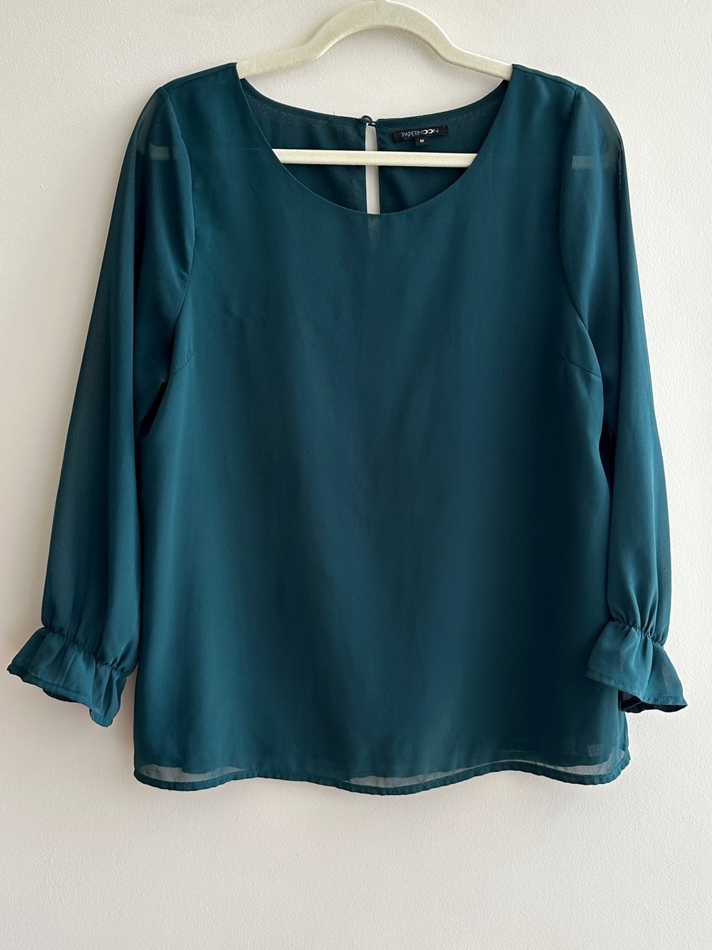 Papermoon Teal Chiffon Sheer Sleeve Blouse, Teal, Size Medium